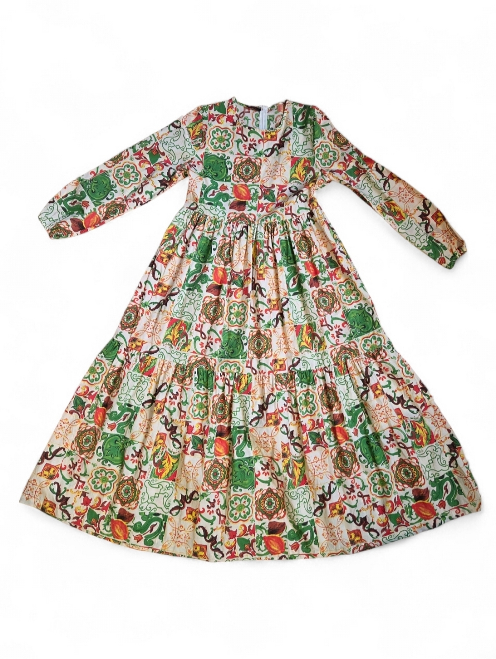 1970s Style Green, Yellow, Orange Maxi Dress With Belt Size Medium